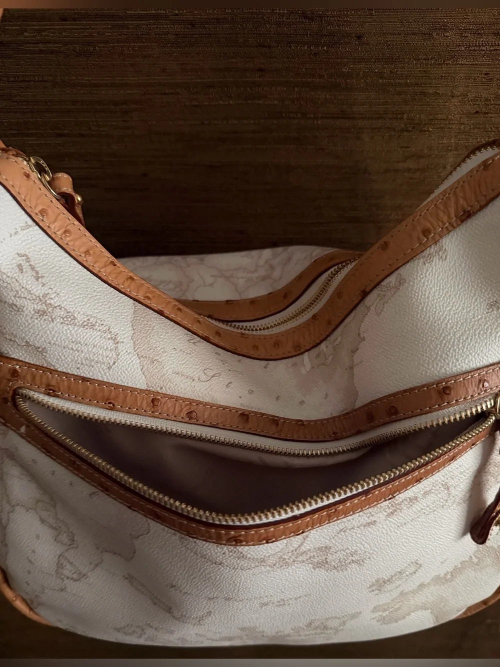 Alviero Martini 1a Classe Geo White Hobo Shoulder Bag Ostrich Trim Map Print